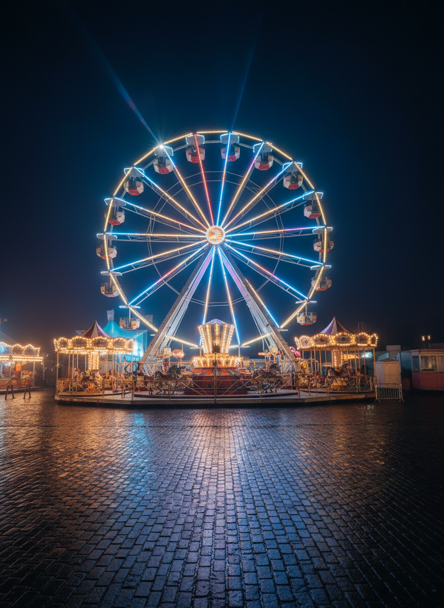 A vibrant nighttime carnival scene in Dumfries & Galloway, centered on a towering illuminated Ferris wheel with gleaming metallic spokes and color-changing LED cabins. The wheel rises above a cluster of richly painted vintage-style rides and striped stalls, all adorned with glowing fairy lights. The wet cobblestone ground reflects neon reds, blues, and golds, suggesting a crisp January evening. Soft mist hangs in the air, amplifying the colored lights. Photographic realism with a wide-angle, eye-level composition, sharp focus throughout. Overhead, a deep indigo sky forms a dramatic backdrop, while gentle lens flare hints at bright spotlights. The mood is playful and energetic, capturing the magic of “Light up the Night” without showing any people, just inviting, expectant spaces.