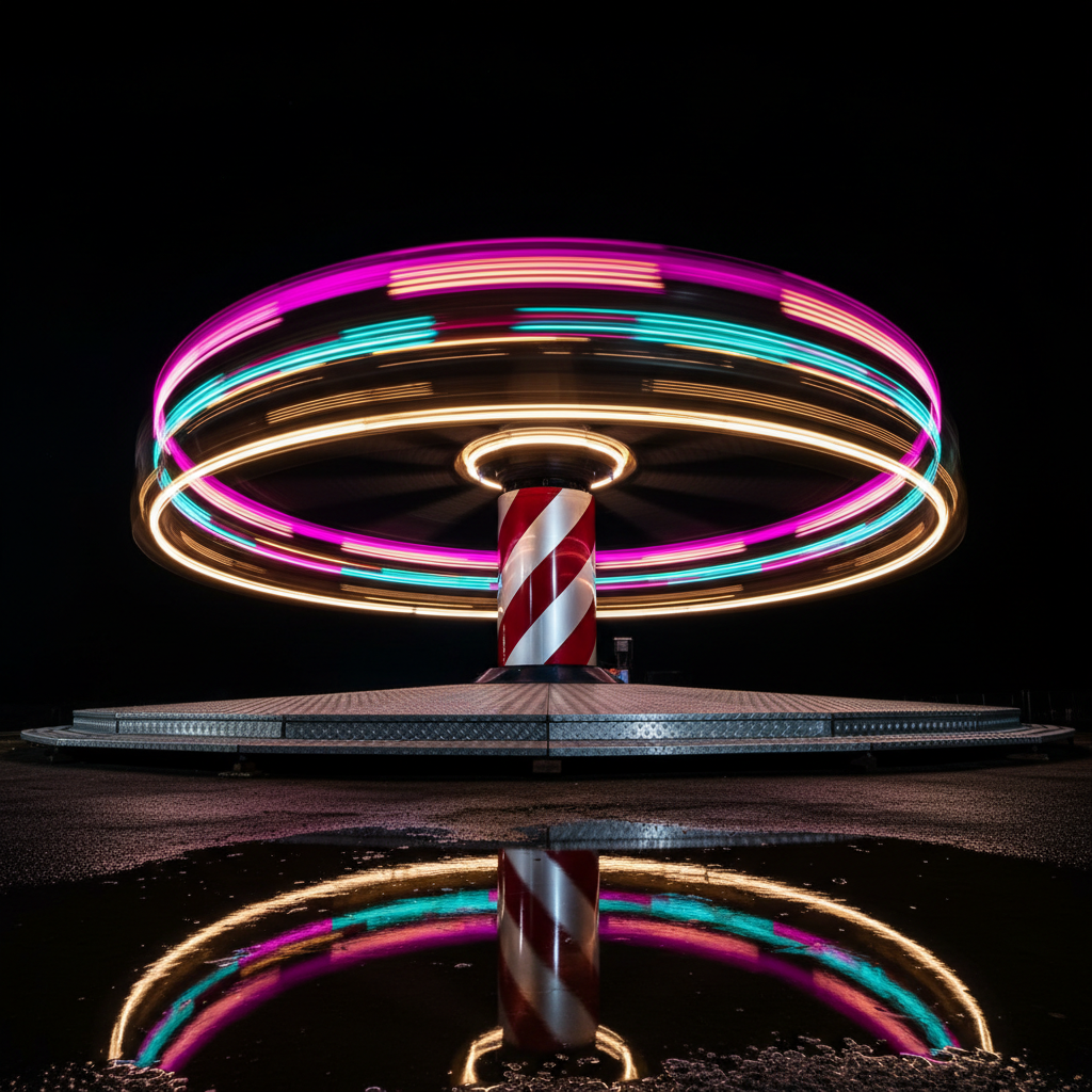 A dramatic long-exposure photographic depiction of a spinning carnival ride at Dumfries & Galloway’s winter event, taken at night. The central metal column, painted glossy red and silver, stands in sharp focus, while the rotating arms create radiant circular trails of multicolored light—magenta, cyan, and gold—against the inky sky. The ride platform shows diamond-plate texture, glistening from a light dusting of moisture. Reflections of the light trails shimmer in shallow puddles below. The composition is eye-level with a slight tilt, adding dynamic energy. Only the structure and lights are visible; there are no riders. The atmosphere is exhilarating and playful, capturing motion and excitement through pure color and light in photographic realism, with crisp clarity on the stationary elements.