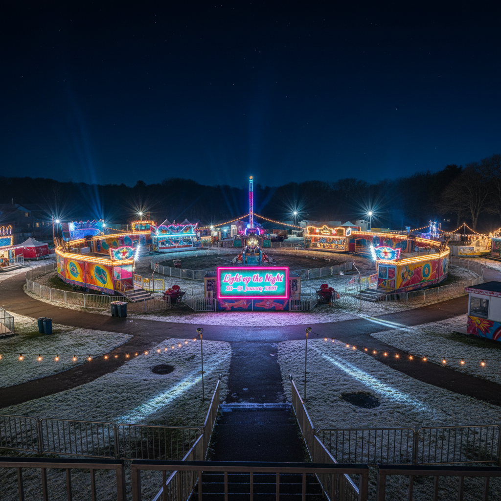 An atmospheric overview of the Dumfries & Galloway Carnival grounds at night, seen from a slightly elevated vantage point. Colorful modern rides with glossy painted surfaces form an arc around a central plaza, where a large illuminated sign reading “Light up the Night – 29–31 January 2027” glows in electric pink and blue. Snow-dusted grass and pathways subtly catch the light, hinting at the winter season. Photographic realism with crisp, clear air and a rich navy sky dotted with faint stars. Multiple light sources—spotlights, string lights, and ride LEDs—create a tapestry of reflections on metal railings and puddles. Wide-angle composition with deep focus, playful and vibrant atmosphere, yet entirely devoid of people, leaving the space open and inviting.