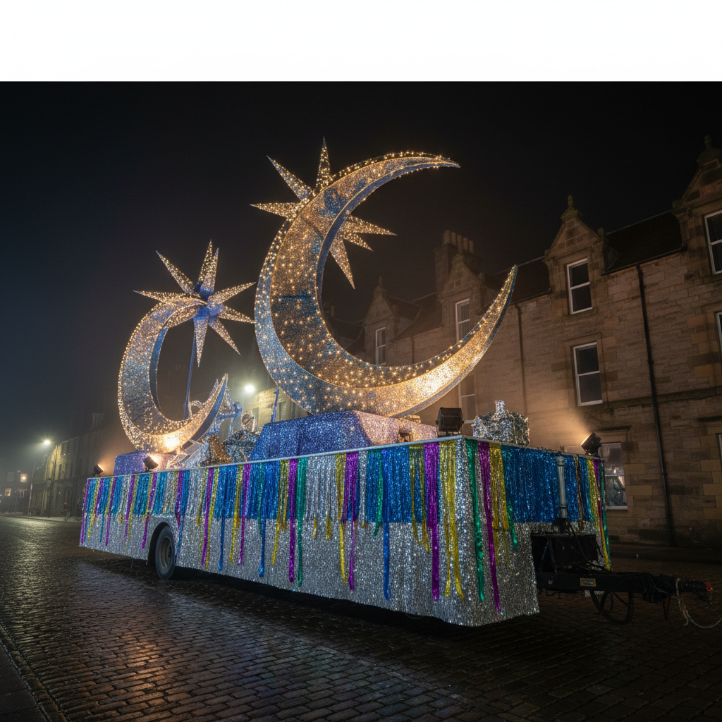 An ornate carnival float parked in a quiet Dumfries & Galloway street at night, built on a sturdy trailer wrapped in shimmering sequined fabric and iridescent ribbons. Giant sculpted stars and crescent moons, painted in metallic blues and golds, rise from the base, embedded with tiny LED lights that sparkle like constellations. The float is framed by historic stone buildings, their textures softly illuminated by the glow. Photographic realism with a low-angle composition emphasizing scale, crisp winter air visible as a faint haze. Cool ambient street lighting mixes with warm spotlights mounted on the float, creating dramatic highlights and deep, playful shadows. The scene feels festive yet anticipatory, as though the parade will begin at any moment, with no human presence.