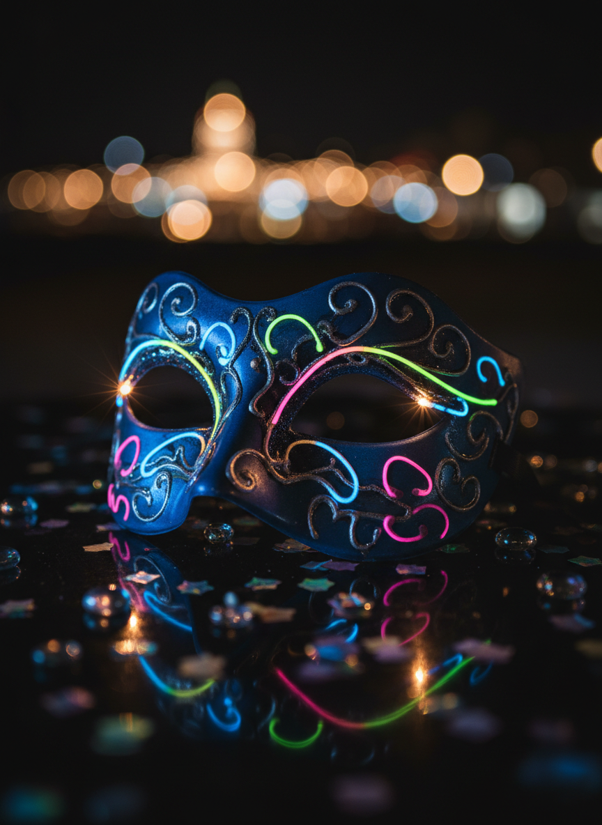 A detailed close-up of an intricately decorated carnival mask resting on a reflective black surface, designed for Dumfries & Galloway’s “Light up the Night.” The mask features a smooth porcelain-like base painted deep midnight blue, overlaid with swirling patterns of metallic silver and luminous neon accents that glow softly. Tiny embedded LED lights trace starbursts around the eye openings. Around the mask, scattered iridescent confetti and tiny glass beads catch the light. Photographic realism with dramatic side lighting that creates rich contrast and delicate reflections, against a completely dark blurred background. Shot with a macro lens for shallow depth of field, highlighting textures and fine details. The mood is mysterious yet playful, suggesting the magic of a night-time carnival celebration without any human wearer.