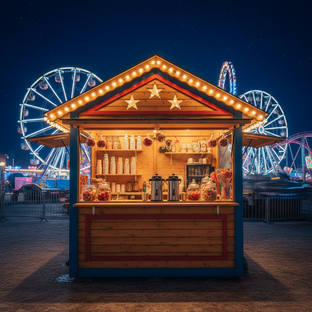 A cozy carnival refreshment stand set against a dark winter evening sky in Dumfries & Galloway, designed like a small wooden chalet with brightly painted trim and whimsical star-shaped cutouts. The serving window is open, revealing a neatly arranged interior with polished metal urns, stacks of patterned paper cups, and jars of colorful sweets. Warm golden fairy lights outline the roof and cast a welcoming glow over the textured wood grain and frosty window edges. Photographic realism, captured at eye level with a slightly off-center composition and moderate depth of field, keeping the stand in sharp focus while surrounding rides blur softly. The mood is playful yet comforting, a cheerful refuge amid the carnival’s sparkling night, with no human figures present.