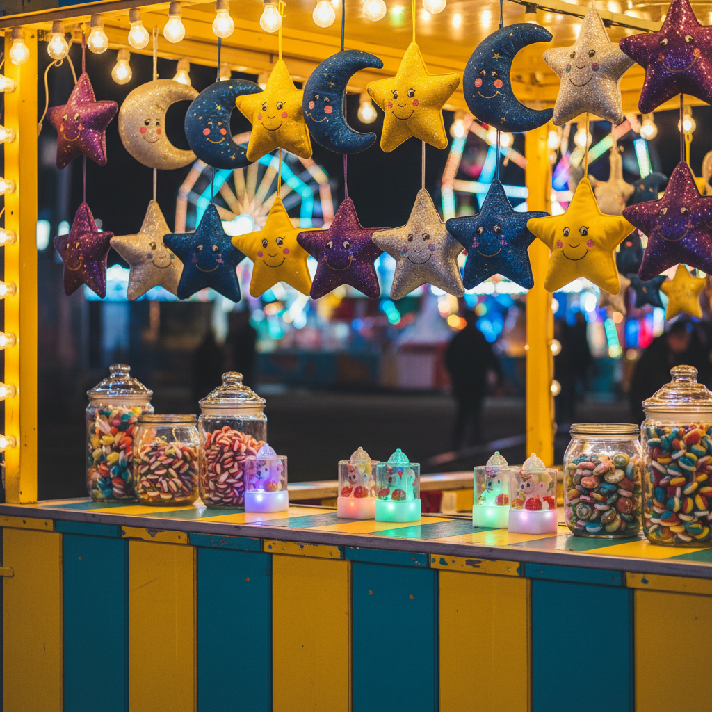 A close-up of a colorful carnival game booth at Dumfries & Galloway’s “Light up the Night,” featuring a meticulously detailed wooden counter painted in bold teal and sunshine yellow with slightly weathered edges. Neatly arranged rows of plush star and moon toys hang above, their velvety textures and stitched metallic details captured in sharp focus. Glass jars of bright striped candies and small LED-lit prizes line the counter. The background is a soft bokeh of other rides and lights. Photographic realism with shallow depth of field and warm, directional string lights casting gentle highlights and shadows. Shot at a slightly elevated angle to emphasize the array of prizes. The atmosphere is playful, inviting, and full of childlike wonder, yet there are no people visible.