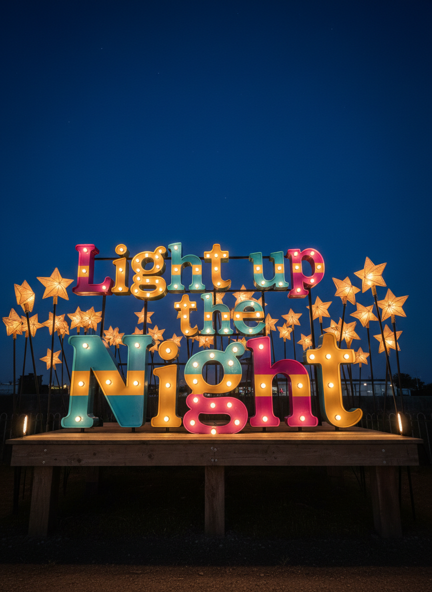 A whimsical signage installation for the Dumfries & Galloway Carnival, featuring a large freestanding sign that reads “Light up the Night” in bold, bulb-outlined letters. Each letter is crafted from glossy painted metal in alternating teal, magenta, and golden yellow, with individual warm-white marquee bulbs that softly glow. The sign stands on a small raised wooden platform with visible grain and slightly worn edges, surrounded by clusters of glowing star-shaped lanterns on slender poles. Photographic realism with twilight-blue sky transitioning into night, captured from a low-angle perspective for dramatic emphasis. Soft ambient floodlights create gentle rim lighting on the sign’s edges. The mood is celebratory and inviting, a playful gateway into the carnival, with no crowds or people in sight.