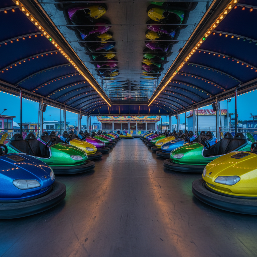 A serene, early-evening setup shot of the Dumfries & Galloway Carnival before opening, focusing on a row of neatly parked bumper cars under a gleaming canopy. Each car has a smooth metallic body in bright gradient colors—electric blue fading into violet, lime green into sunshine yellow—with rubber bumpers showing subtle scuff marks. Overhead, a mirrored ceiling panel reflects the cars and the string of multicolored bulbs bordering the roof. Photographic realism with cool blue hour light seeping in from the sides, complemented by warm interior bulbs that create gentle highlights on curved surfaces. Captured from a low, slightly angled perspective for depth, with leading lines guiding the eye through the empty arena. The mood is quietly playful and full of anticipation, with no drivers present.