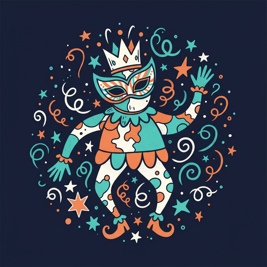 A whimsical hand-drawn carnival legend character wearing a crown and mask surrounded by stars