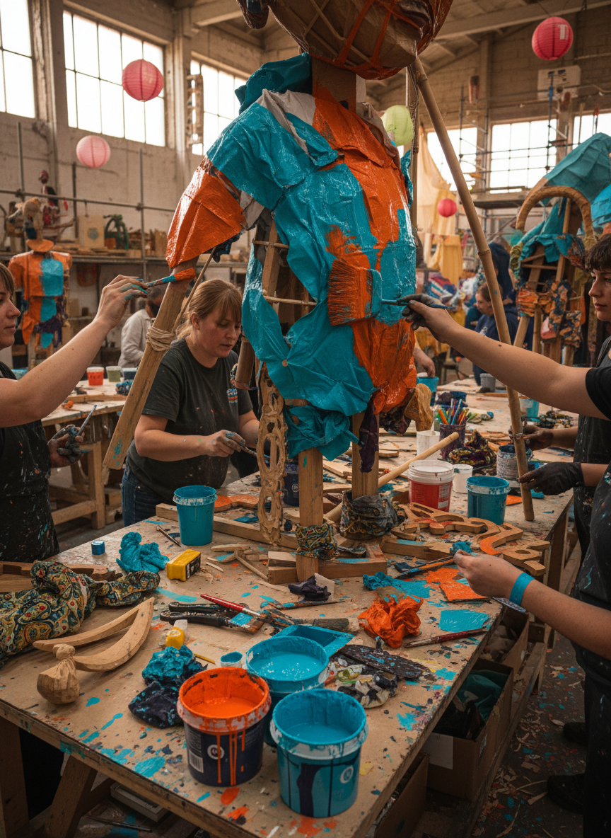 Volunteers painting and building a Carnival parade float in a workshop