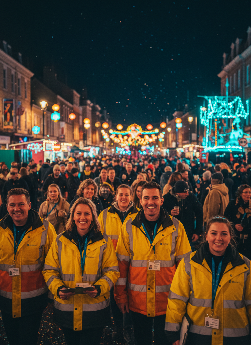 Friendly Carnival stewards with clipboards organising the night-time parade