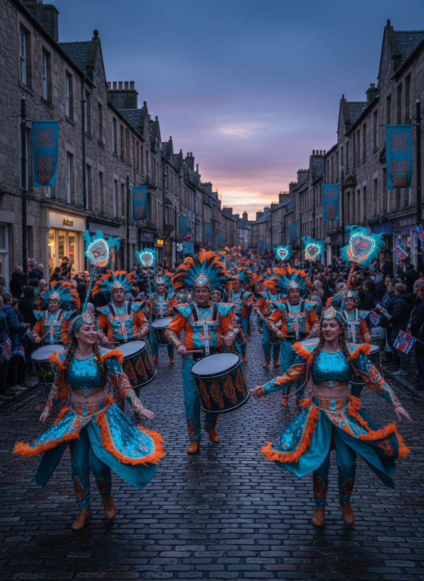 Costumed performers drumming and dancing in the Carnival parade at dusk